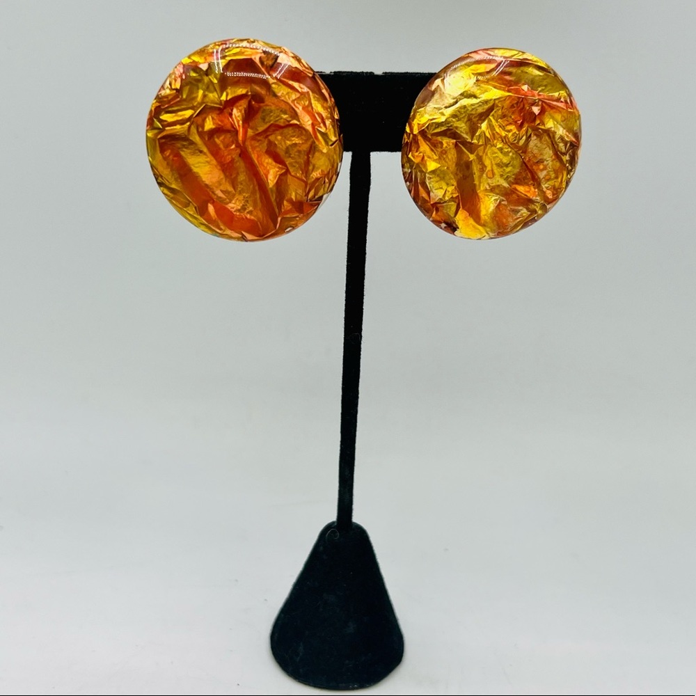 Vintage orange gold foil plastic round clip on earrings 1.5”